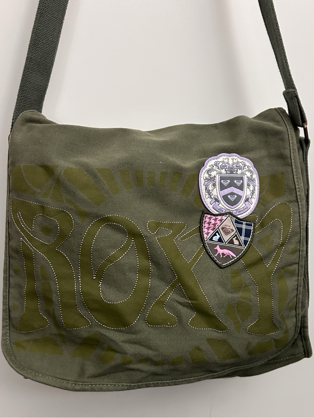 Roxy Olive Green Canvas Messenger Bag with Crest Patches - Y2K vintage
